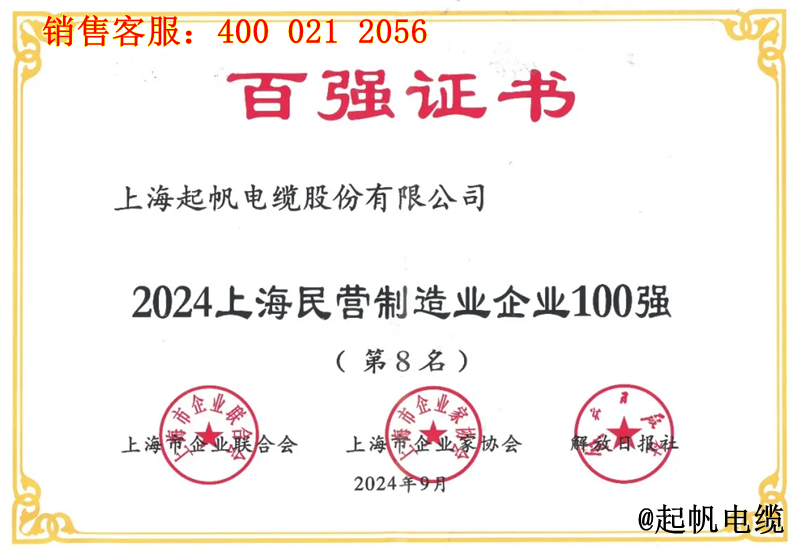 4.起帆電纜入圍2024年上海民營制造業(yè)企業(yè)100強(qiáng)第8名 4.起帆電纜入圍2024年上海民營制造業(yè)企業(yè)100強(qiáng)第8名